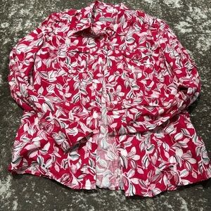 Liz Claiborne Red and White Leaf Print Button Down Shirt